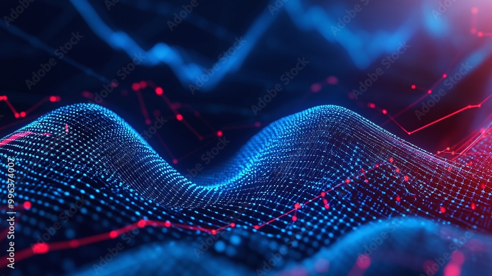 Poster abstract digital wave with vibrant blue and red particles, representing data flow and technological 