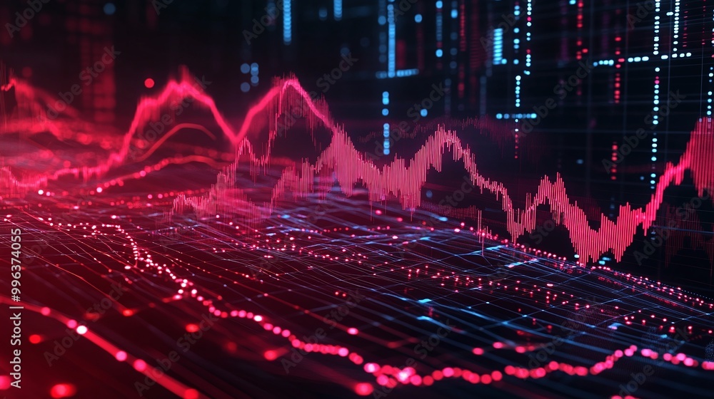 Poster abstract digital wave with vibrant red colors representing data analysis and technology.