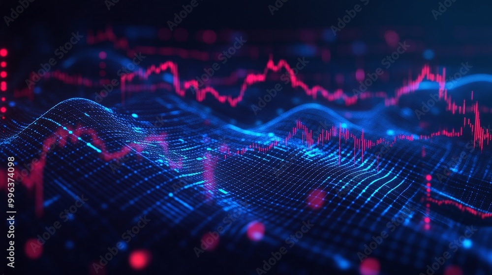 Poster abstract digital wave with vibrant red and blue hues, representing data flow and analytics in a futu