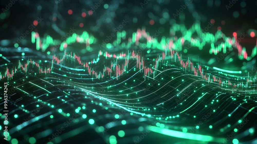 Poster abstract digital waveform in green and red, showcasing dynamic movement and data visualization.
