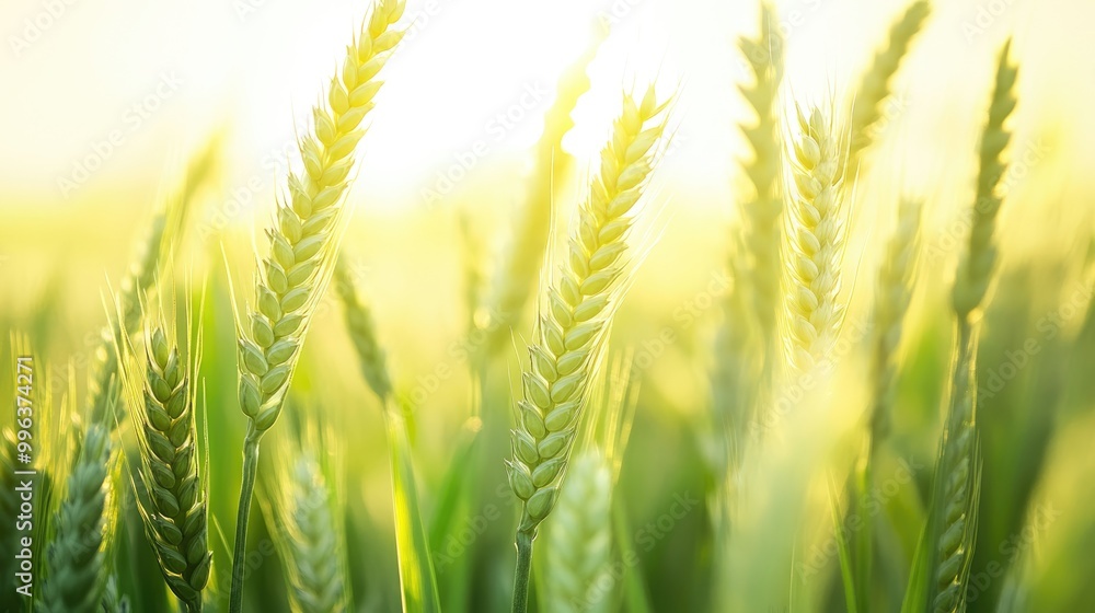 Poster fresh ears of young green wheat in a field during spring and summer depicted in close up against a s