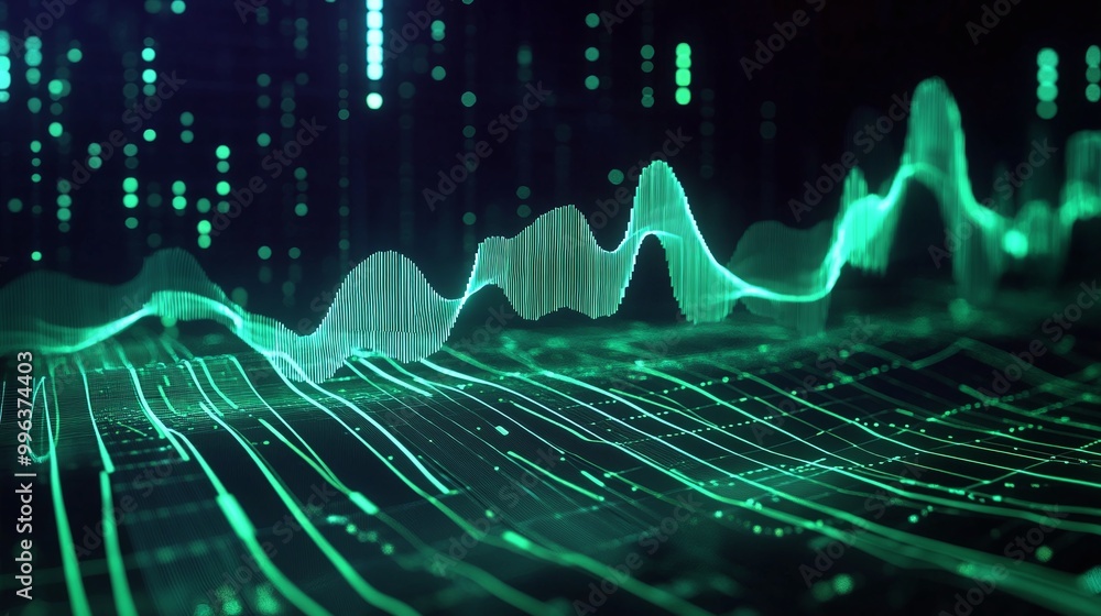 Poster abstract digital waveform in green tones showcasing sound and data flow in a futuristic design.