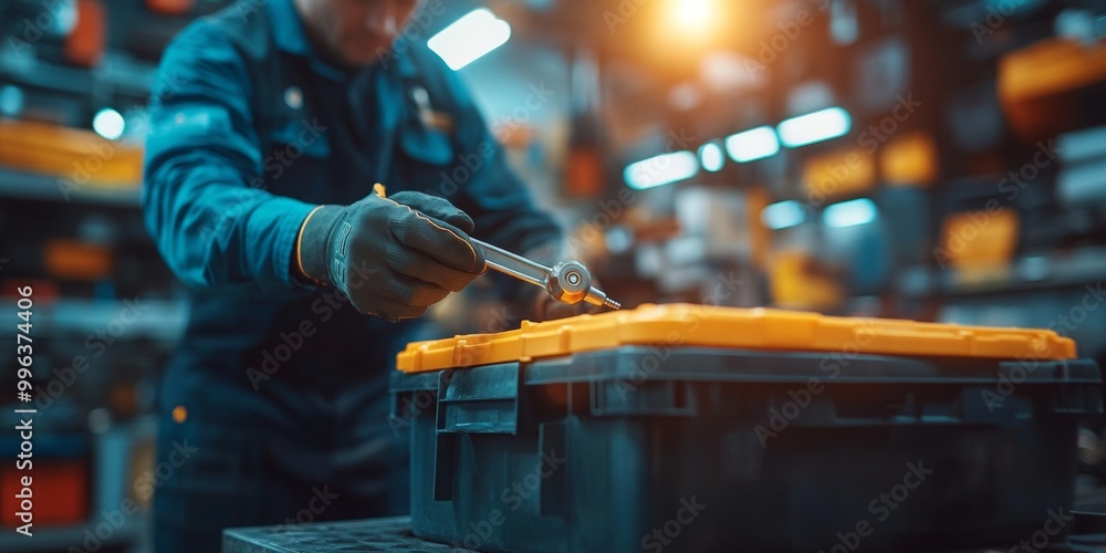 Aufkleber auto mechanic at work, utilizing a torque wrench, illuminated by bright lights, with a blurred toolb