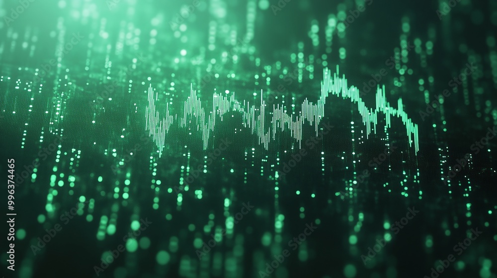 Poster abstract digital waveform in green tones with shimmering particles, symbolizing sound and data visua