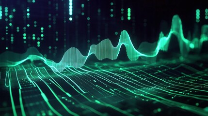 Abstract digital waveform in green tones showcasing sound and data flow in a futuristic design.