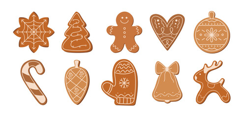 Set cartoon gingerbread cookies. Traditional Christmas cookies made from ginger dough. New Year stickers, vector set