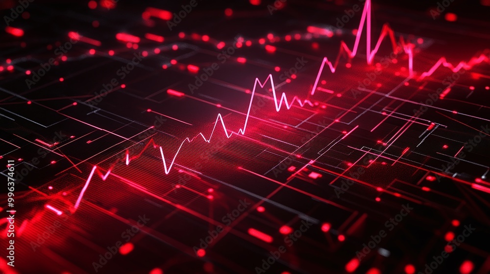 Poster abstract digital waveform in red tones on a dark background, representing data analysis and electron