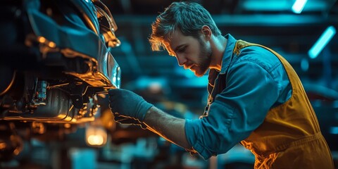 Obraz premium Auto Mechanic Repairing Exhaust System in Dimly Lit Workshop, Focused Atmosphere, Blurred Background Enhancing Intensity of Work