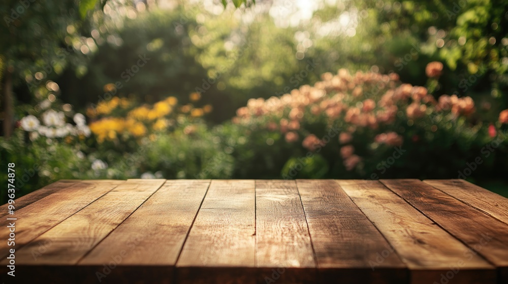 Poster empty wooden table suitable for product display or montage featuring a softly blurred garden backdro