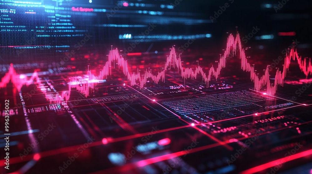 Poster abstract digital waveform with glowing red lines on a dark background, representing data and sound f