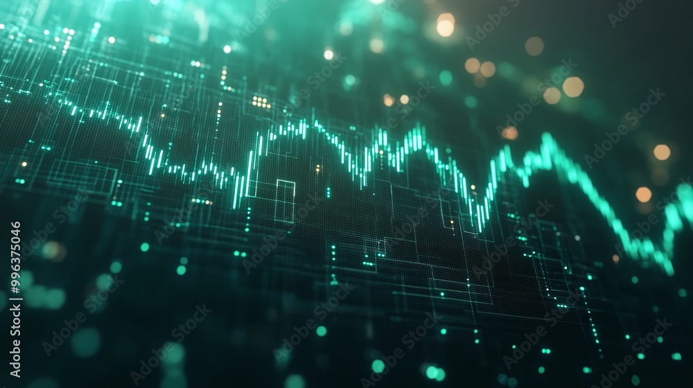 Aufkleber abstract digital waveform with green lines and glowing particles on dark background.