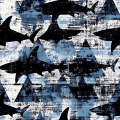 Fototapeta premium A grunge style seamless pattern featuring sharks