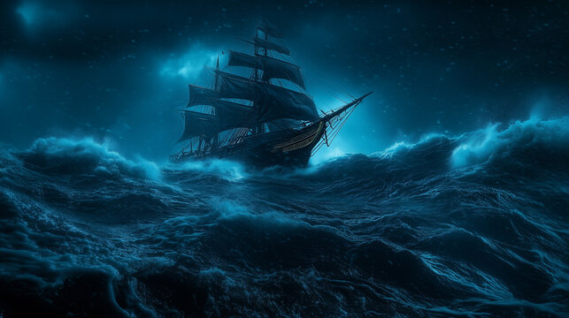 Stary żaglowiec, majestatycznie zmierzający przez wzburzone fale, staje naprzeciw potężnej burzy w ciemności nocy. 