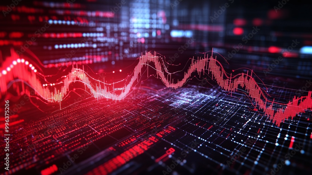 Poster abstract digital waveform with red and black tones, representing data, signal processing, and techno