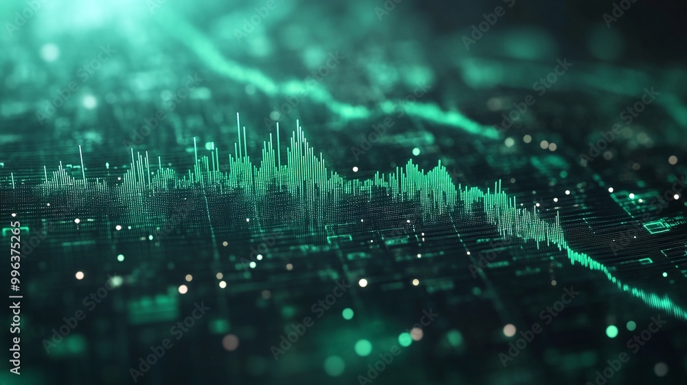 Poster abstract digital waveform with vibrant green colors on a dark background, representing sound waves a
