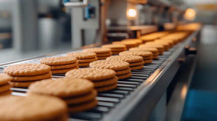 Na taśmie produkcyjnej ciasteczka delikatnie toczą się po linii, równomiernie ułożone i starannie wypieczone.