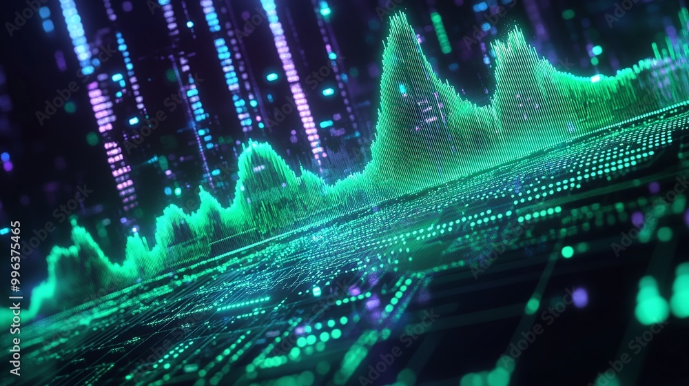 Poster abstract digital waveforms in vibrant green against a dark background, showcasing sound frequencies 