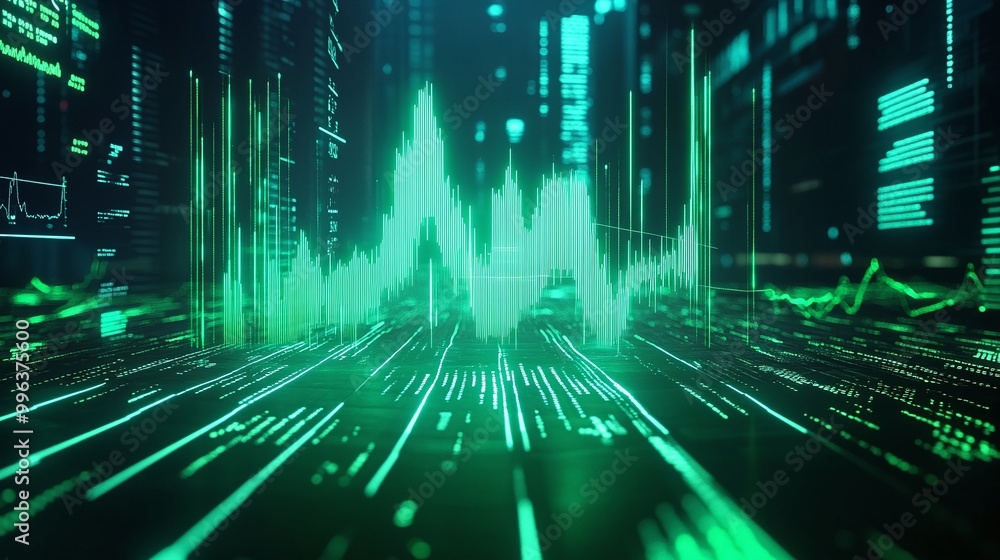 Poster abstract digital waveforms in vibrant green and blue, representing data flow and analytics.