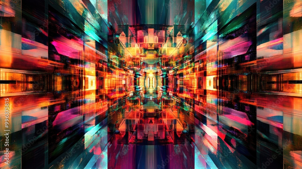 Poster ai-generated abstract patterns of colorful geometric shapes, resembling a futuristic art installatio