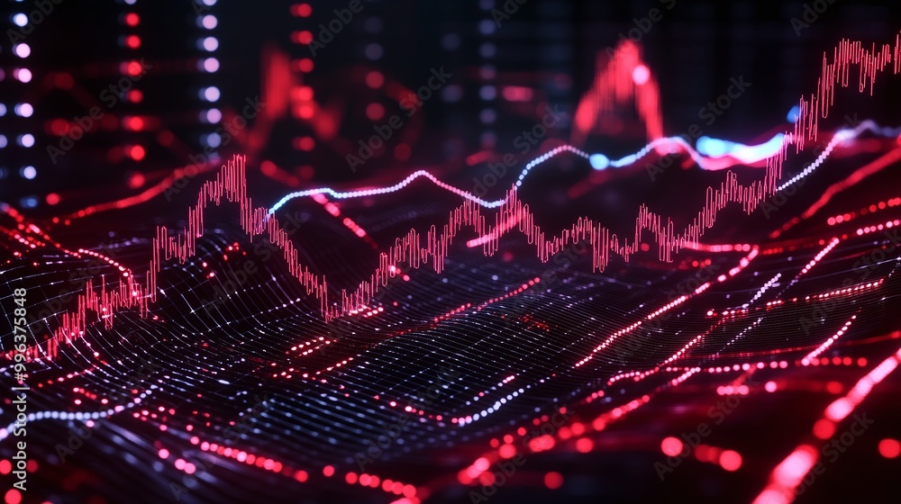 Poster abstract digital waveforms with glowing lines in red and blue, representing data visualization and a