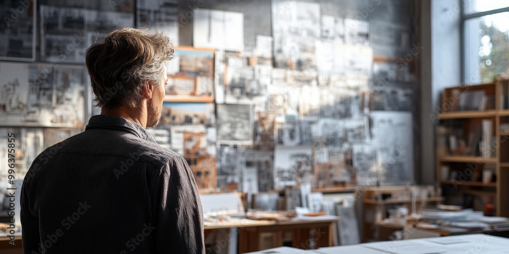 Poster architect examining a 3d model, design sketches softly blurred in background, bright light enhancing