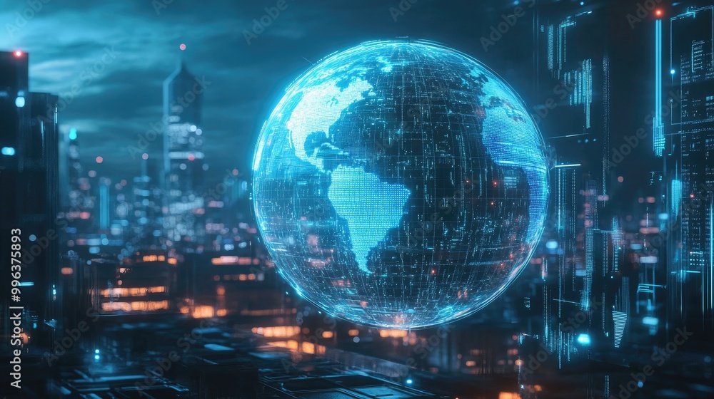 Poster ai-generated holographic globe hovering above a futuristic city, representing global ai connectivity