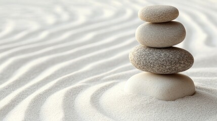 A pile of smooth stones on white sand featuring raked patterns in the background symbolizing meditation and balance with ample space for text