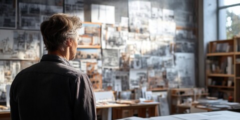 Architect examining a 3D model, design sketches softly blurred in background, bright light enhancing the workspace atmosphere