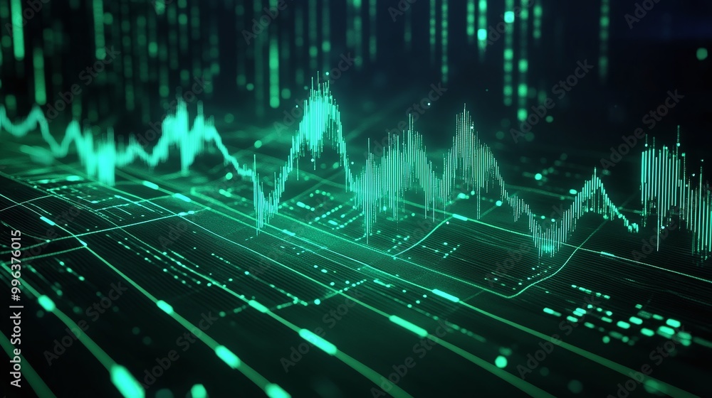 Poster abstract digital waveforms with vibrant green tones on a dark background, symbolizing data flow and 