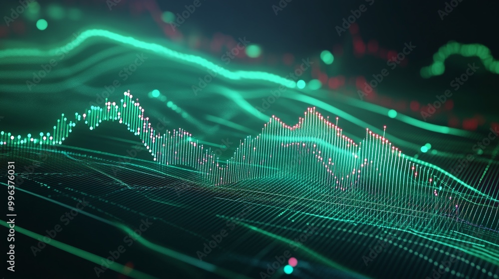 Poster abstract digital waves and data flow in green and red hues, representing technology and data analysi