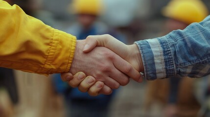Close up handshake between construction workers after concluding a business meeting symbolizing the start of a new project and teamwork partnership in the construction industry