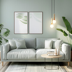 Interior design of a contemporary room with a sofa, lighting, potted plants, table, and pictures. 3d render.