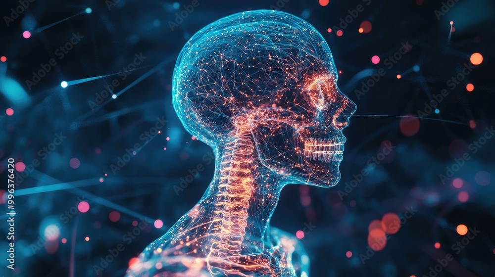 Poster an ai-generated human skeleton made of data streams and glowing code, symbolizing the digitalization