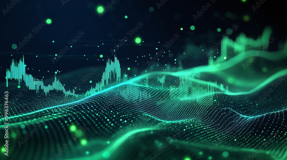 Poster abstract digital waves with green glowing lines and particles on a dark background, representing sou
