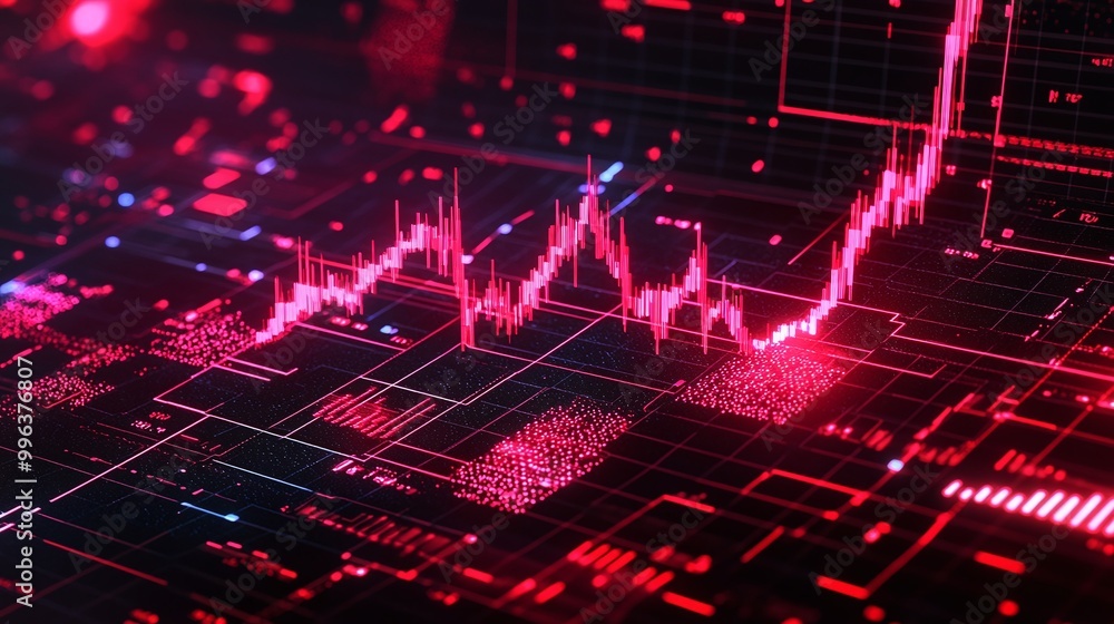 Poster abstract expression of data analytics with vibrant red and black graph lines showcasing upward trend