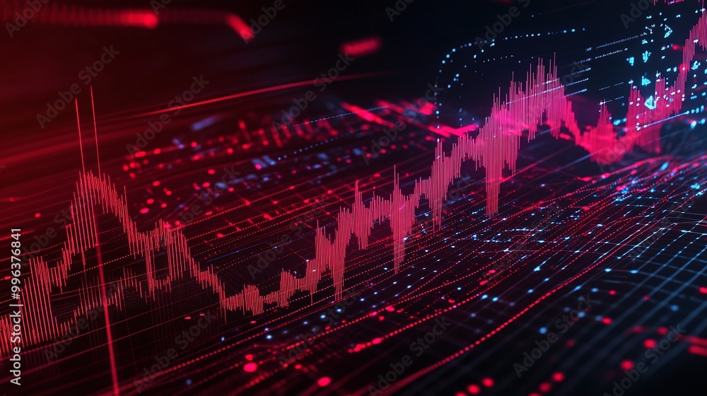Poster abstract finance data visualization with fluctuating graphs, featuring red and blue colors on a dark