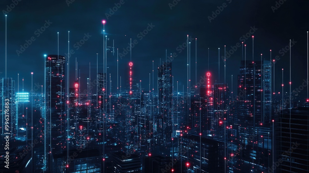 Poster a city skyline with glowing ai networks spreading across buildings, symbolizing the rise of smart ci
