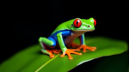 Vibrant Red-eyed Tree Frog with Striking Orange Feet and Bright Blue Streaks Along its Sides Perched on a Glossy Green Leaf Against a Dark Background