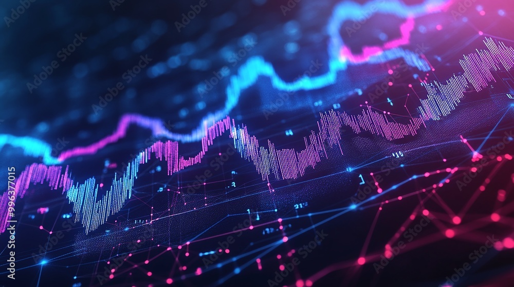 Poster abstract financial chart with glowing graph lines in blue and pink, representing trading data and ma