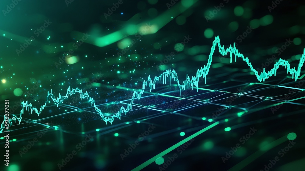 Poster abstract financial chart with glowing green lines and data points on a dark background.