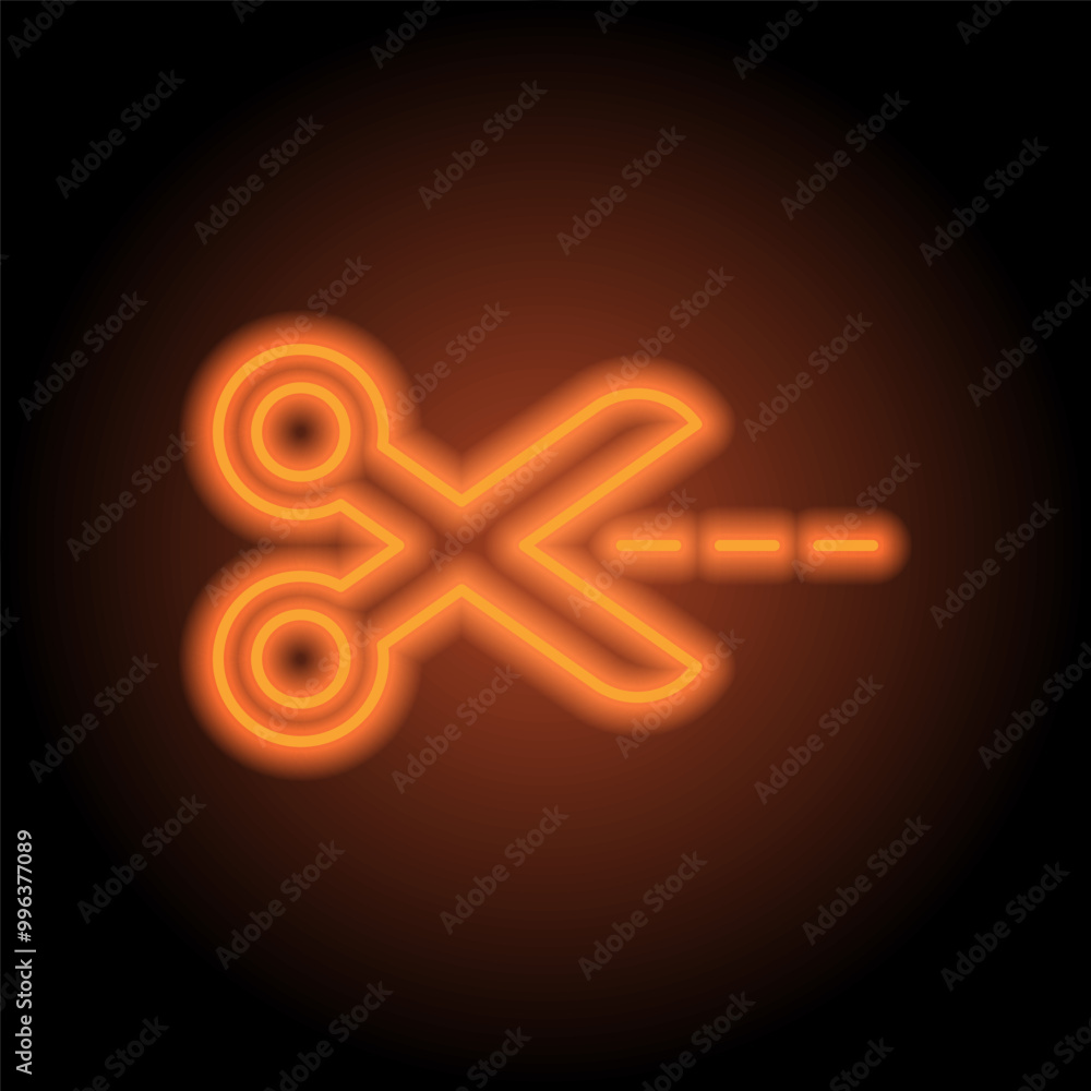 Poster scissors with cut line simple icon vector. flat design. orange neon on black background