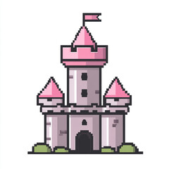 Naklejka premium A simple pixel art icon of a castle with a pink roof and a flag on top on a white background. 