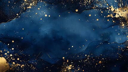 Elegant Navy Blue Watercolor Splash with Shimmering Gold Foil and Glitter Accents