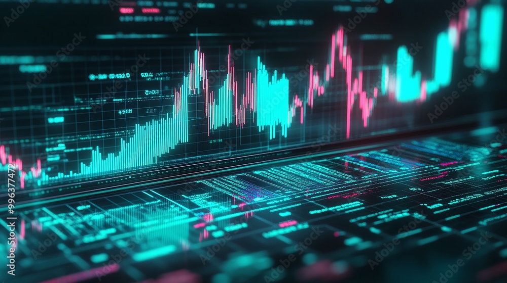 Poster abstract financial data analysis with colorful graphs and charts on a futuristic interface.