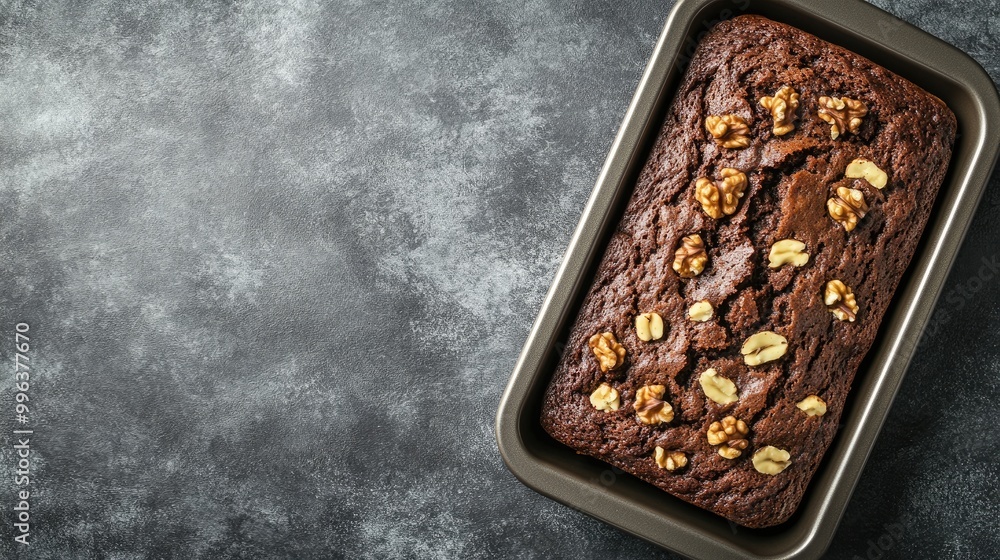 Poster chocolate banana bread with walnuts in a metallic baking pan against a neutral grey backdrop capture