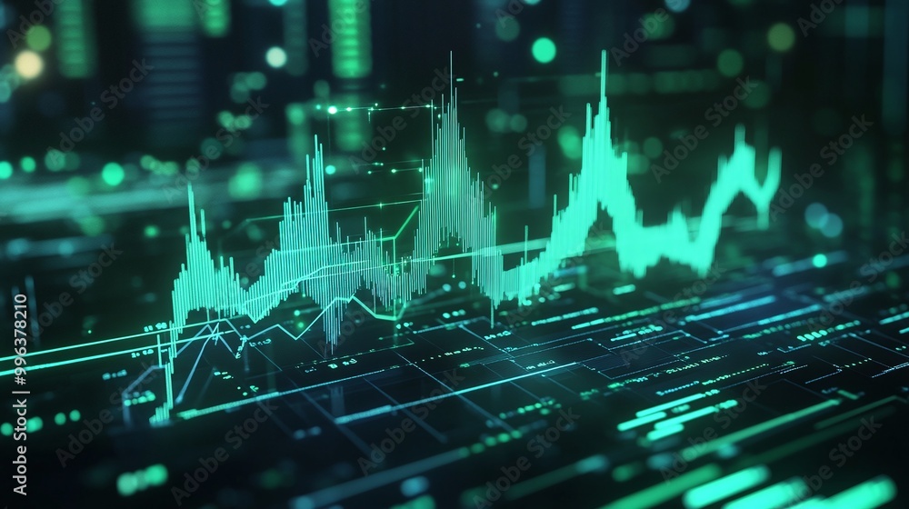 Poster abstract financial data visualization using green graph on digital background.
