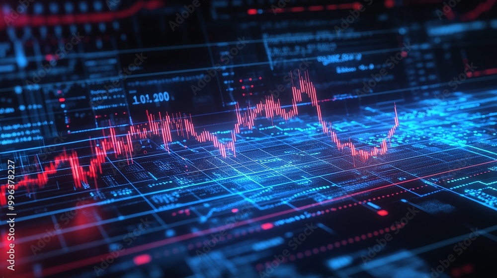 Poster abstract financial data visualization with charts and graphs in vibrant colors on a dark background.