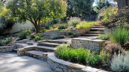 Landscaped backyard featuring stone retaining walls and diverse plant life