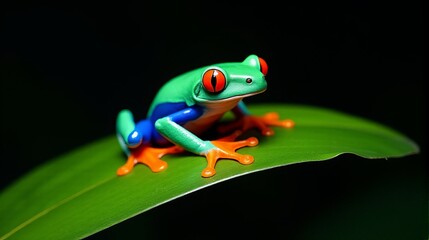 Naklejka premium Vibrant Red-eyed Tree Frog with Striking Orange Feet and Bright Blue Streaks Along its Sides Perched on a Glossy Green Leaf Against a Dark Background