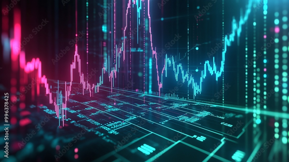 Poster abstract financial data visualization with colorful graphs and charts on digital interface.